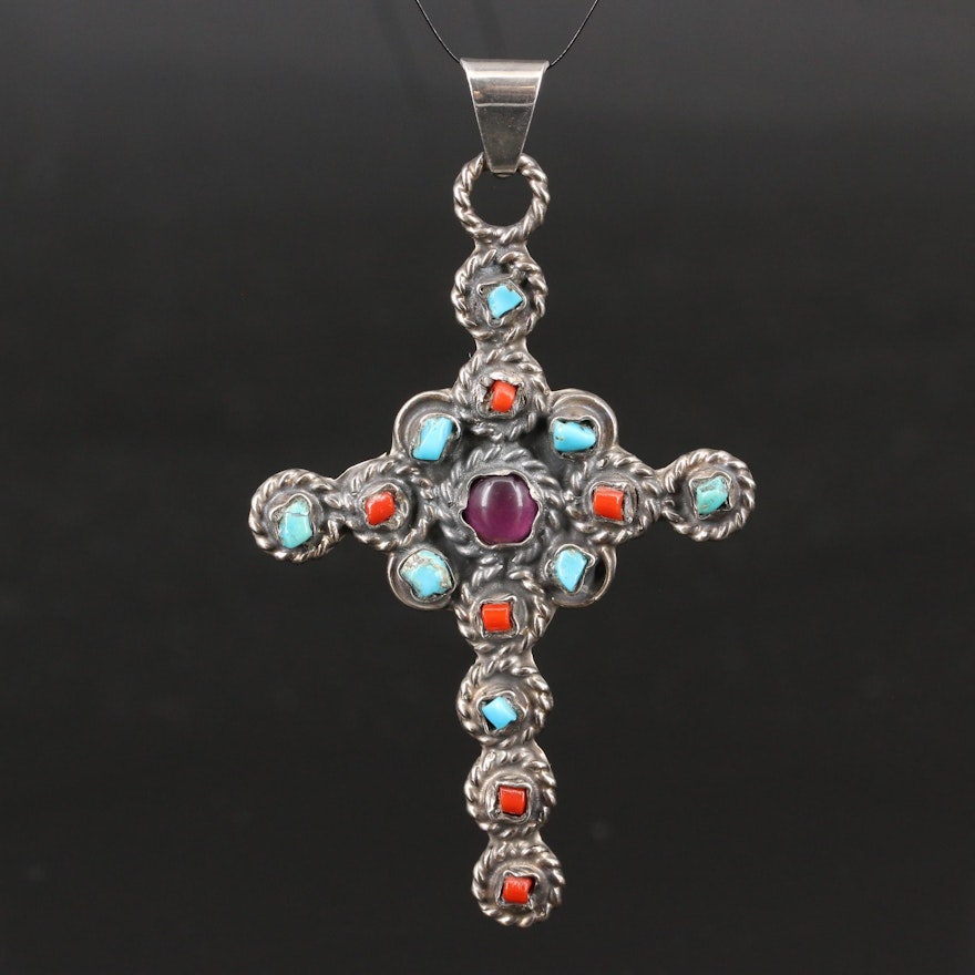 Clicero Pena Valladeres Sterling Silver Turquoise, Glass and Coral Cross Pendant