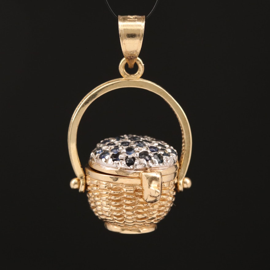 14K Sapphire Nantucket Lightship Basket Pendant with Articulated Lid