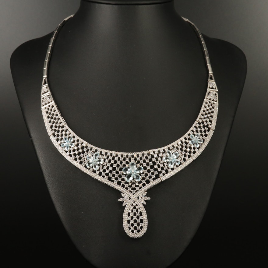 Sterling Aquamarine, Topaz and Cubic Zirconia Floral Panel Necklace