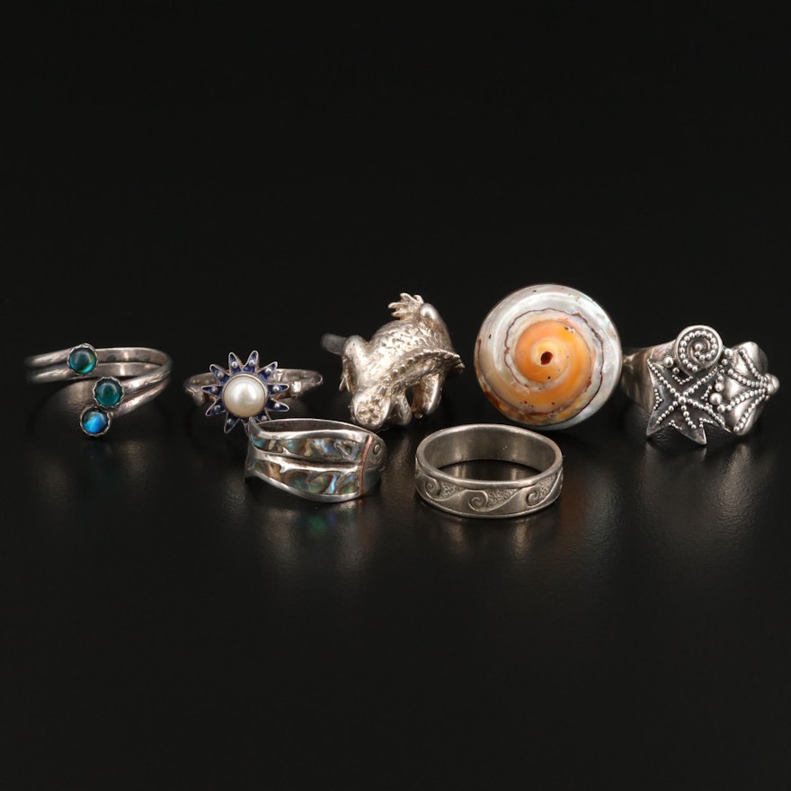 Sterling Selection of Abalone, Shell and Pearl Rings Featuring Sajen