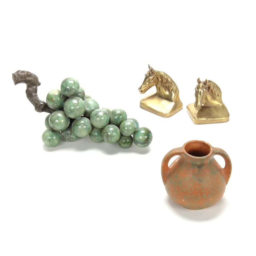 Burley Winter Vase, Brass Bookends, and Stone Grapes