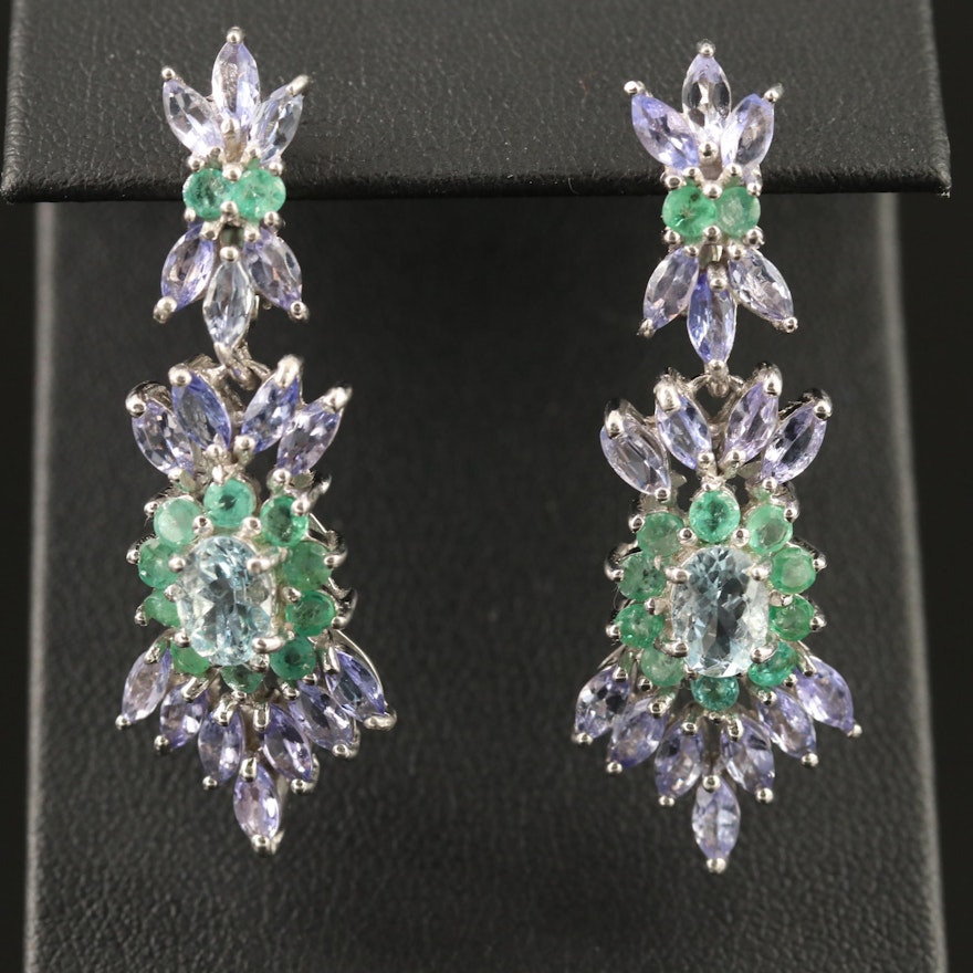 Sterling Silver Aquamarine, Tanzanite and Emerald Cluster Earrings