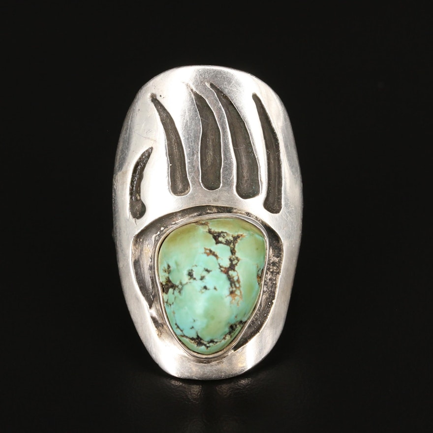 Artist Signed Southwestern Style Sterling Silver Turquoise Bear Paw Print Ring