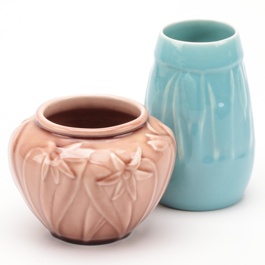 Rookwood Pottery "Daffodil" and "Cattail" Ceramic Vases, Mid-20th Century