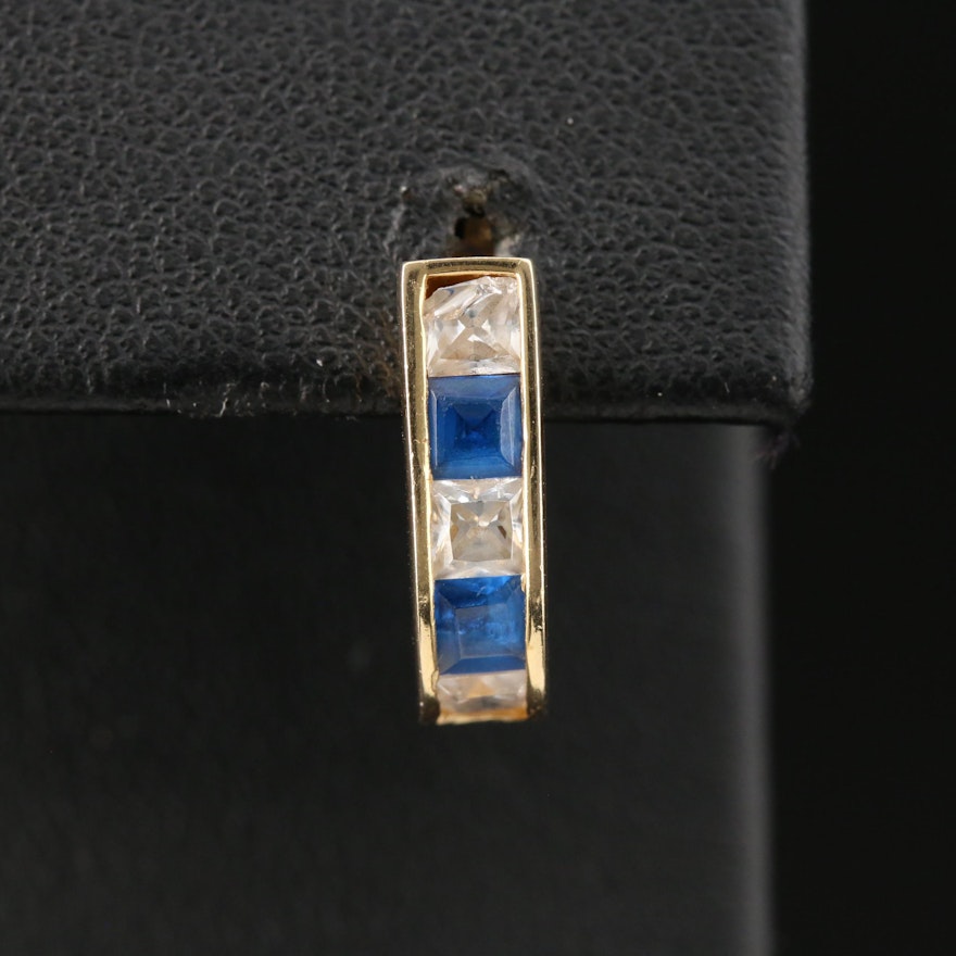 14K Yellow Gold Cubic Zirconia and Synthetic Sapphire Single J Hoop Earring