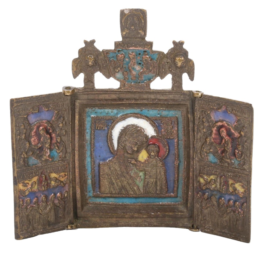 Eastern Orthodox Bronze and Enamel Triptych Icon