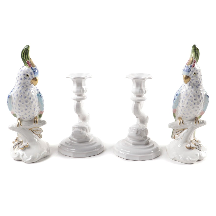 Chelsea House Ceramic Parrots with Pair of Baroque Dolphin Candlesticks