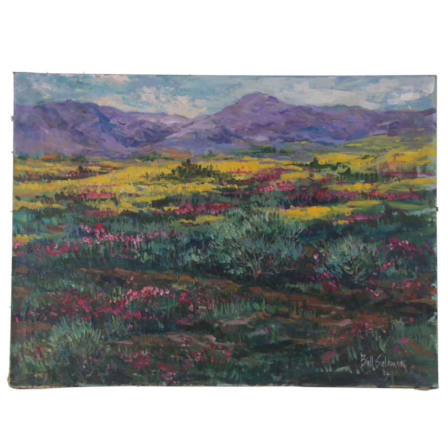 Bill Salamon Purple Mountain Landscape Acrylic Painting, Late 20th Century