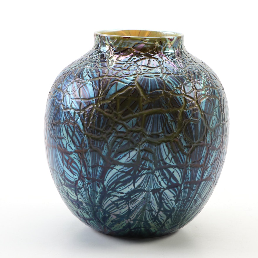Orient & Flume Iridescent Crackle Blown Glass Vase, 1978