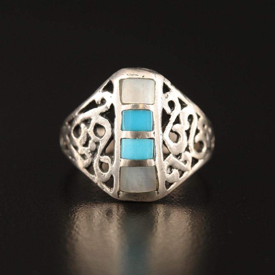 Sterling Silver Open Work Turquoise and Mother of Pearl Inlay Ring