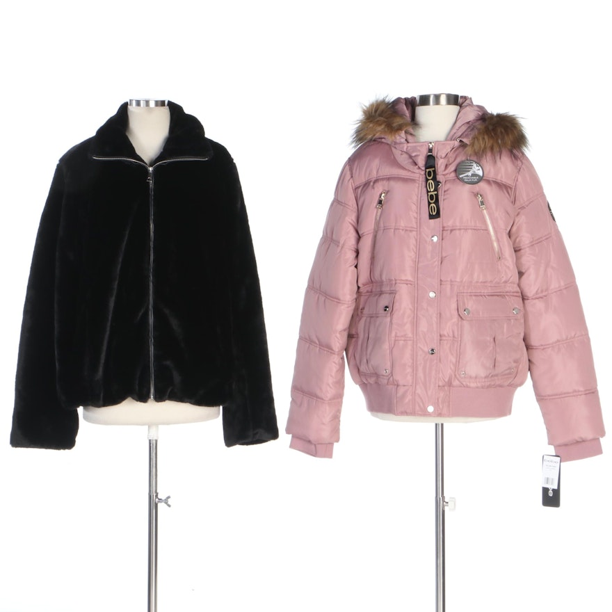 Bebe and Bellivera Dusty Rose Puffer and Black Faux Fur Jackets