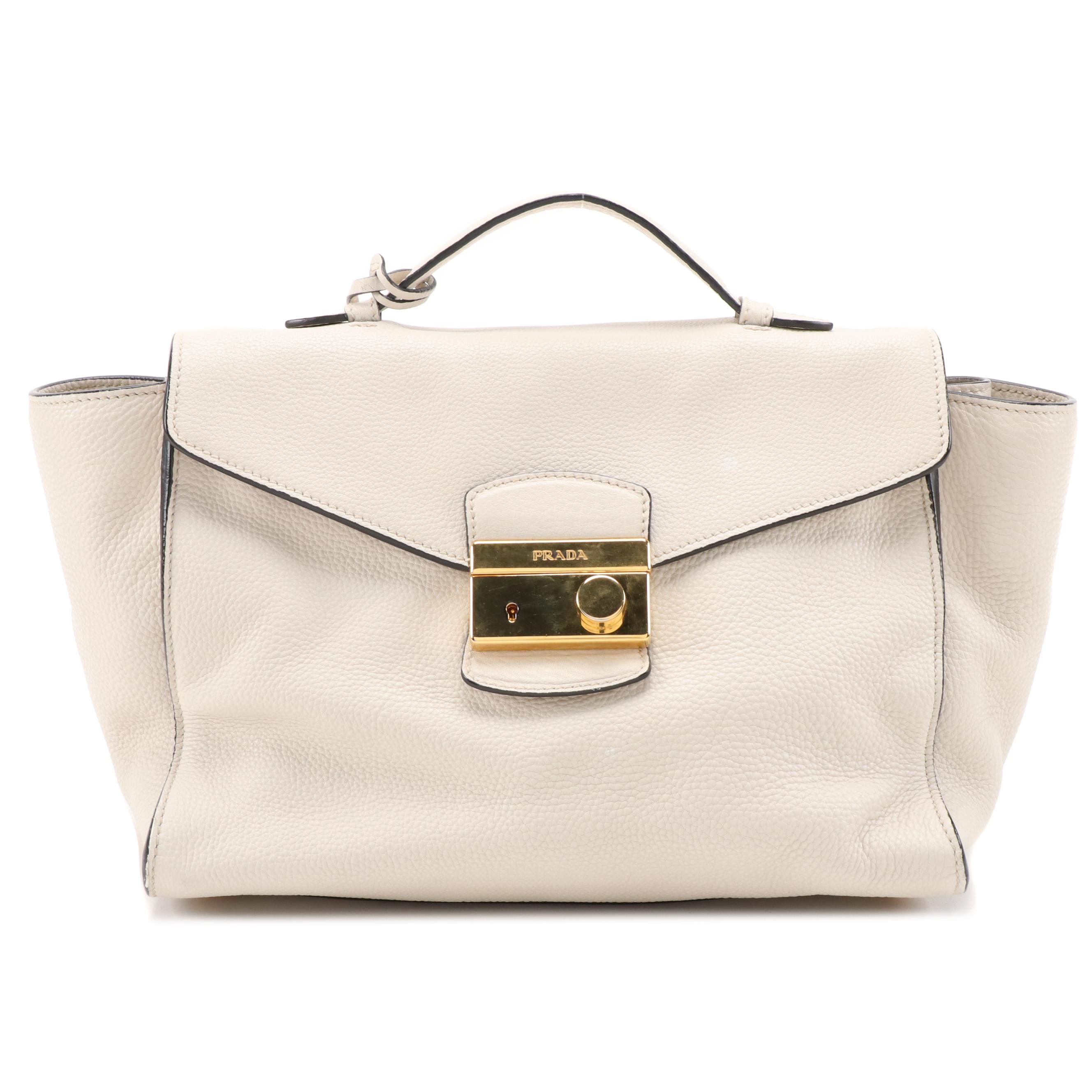 Prada Two-Way Flap Bag in Off-White Vitello Daino Leather