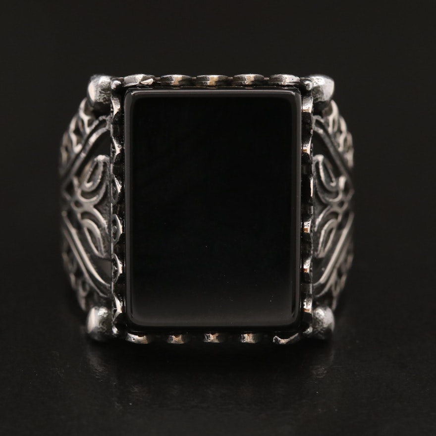 Sterling Black Onyx Ring with Openwork Shoulders
