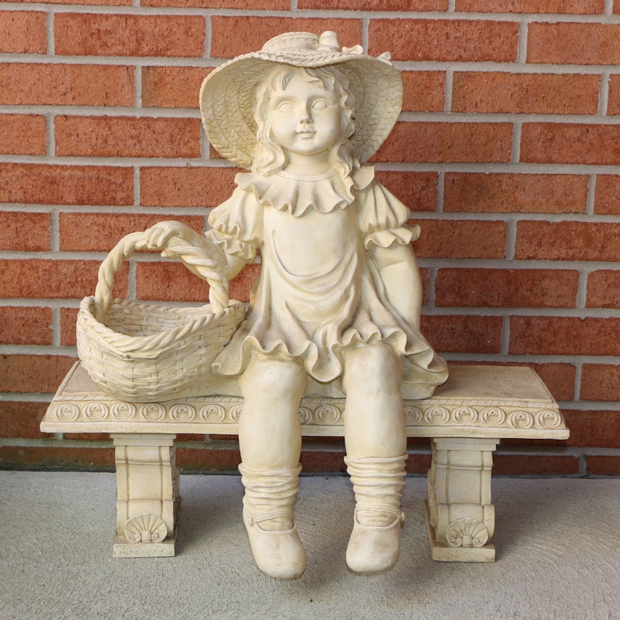 Resin Garden Sculpture of Girl Holding Basket, Late 20th Century