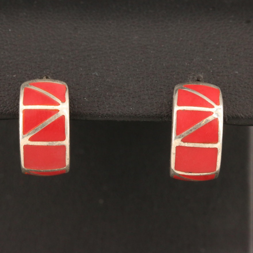 Sterling Silver Red Resin Inlay J-Hoop Earrings