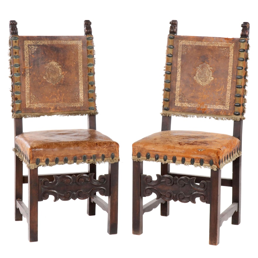 Italian Provincial Walnut Chairs with Embossed Hide Back, Late 19th/Early 20th C