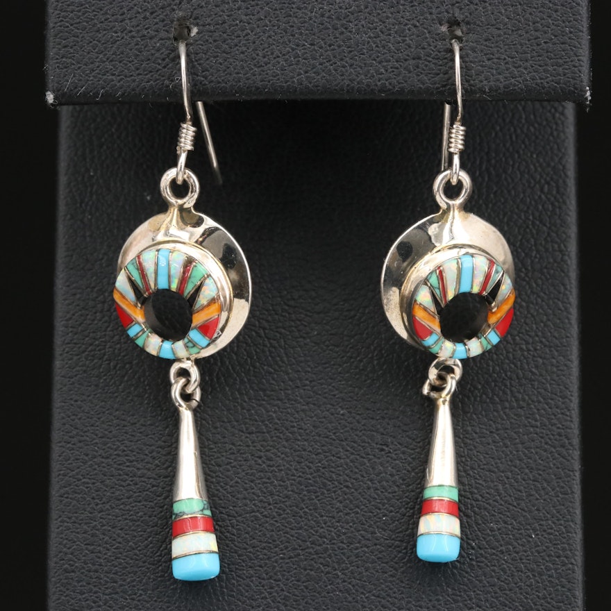 Sterling Silver Opal, Spiny Oyster and Turquoise Dangle Earrings