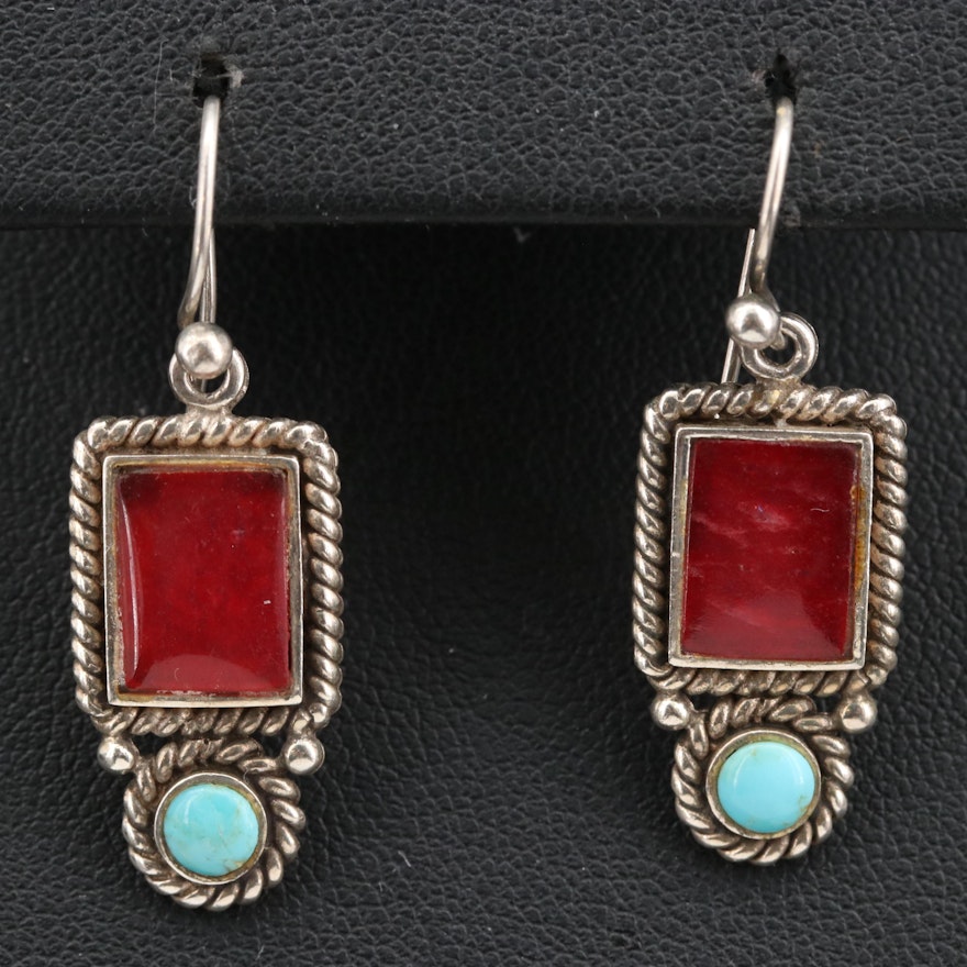 Sterling Turquoise and Quartz Dangle Earrings with Cable Detail