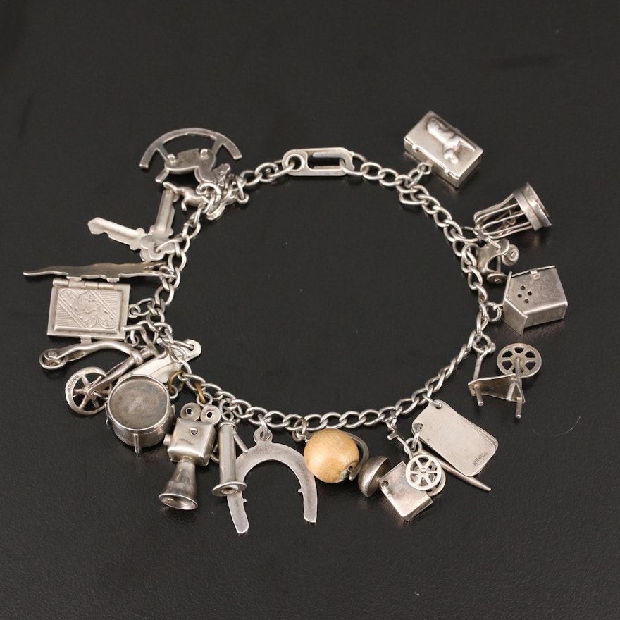 Sterling Silver Charm Bracelet Including Horseshoe and Movie Camera