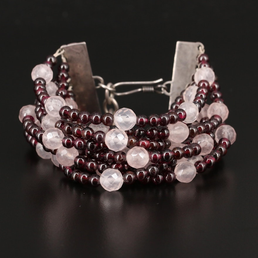 Sterling Rose Quartz and Rhodolite Garnet Multi-Strand Bracelet