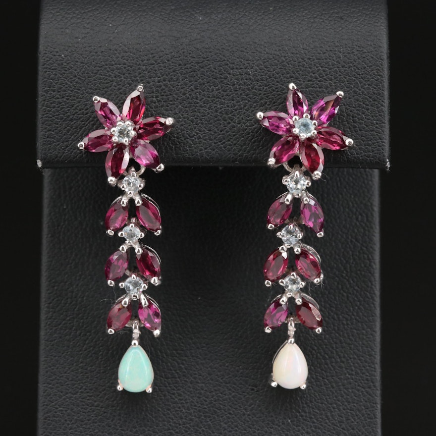 Sterling Silver Garnet, Aquamarine and Opal Dangle Earrings with Floral Design