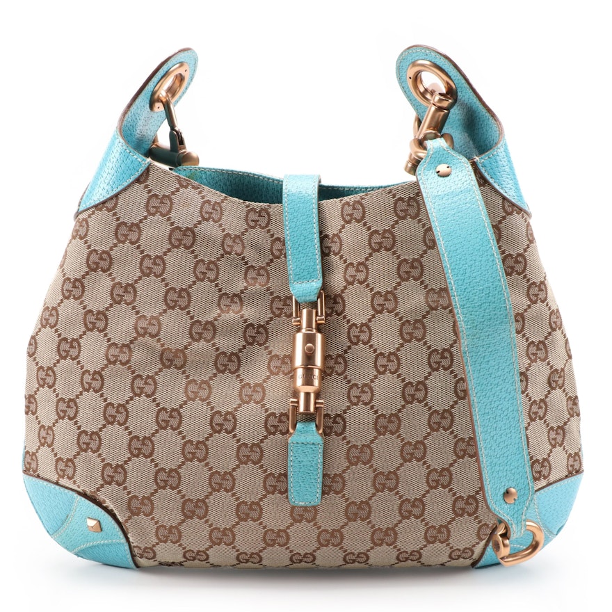 Gucci Piston Lock Hobo Bag in GG Canvas with Aqua Leather Trim