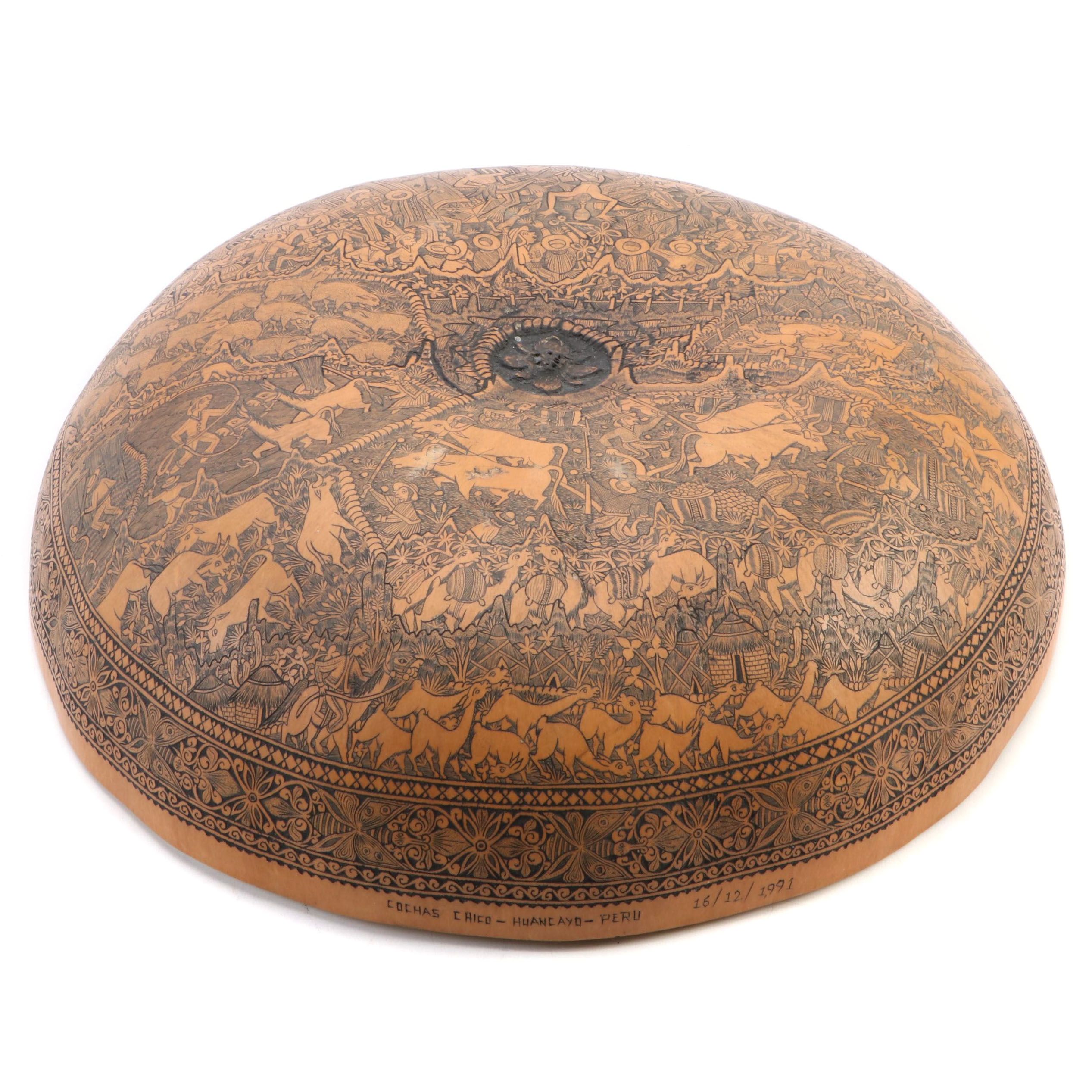 Peruvian Scrimshaw Gourd Bowl of Gran Concurso de Danzantes de Tijera