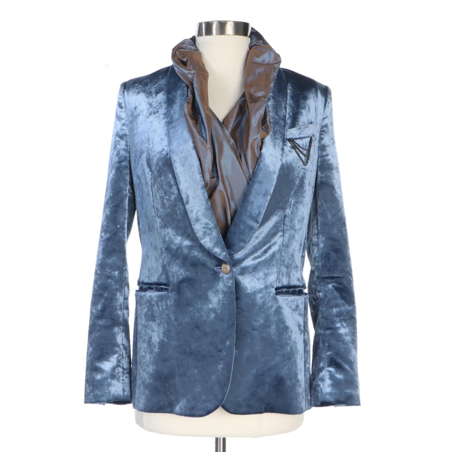 Brunello Cucinelli Blue Velvet Jacket with ETRO Iridescent Silk Wrap Shirt