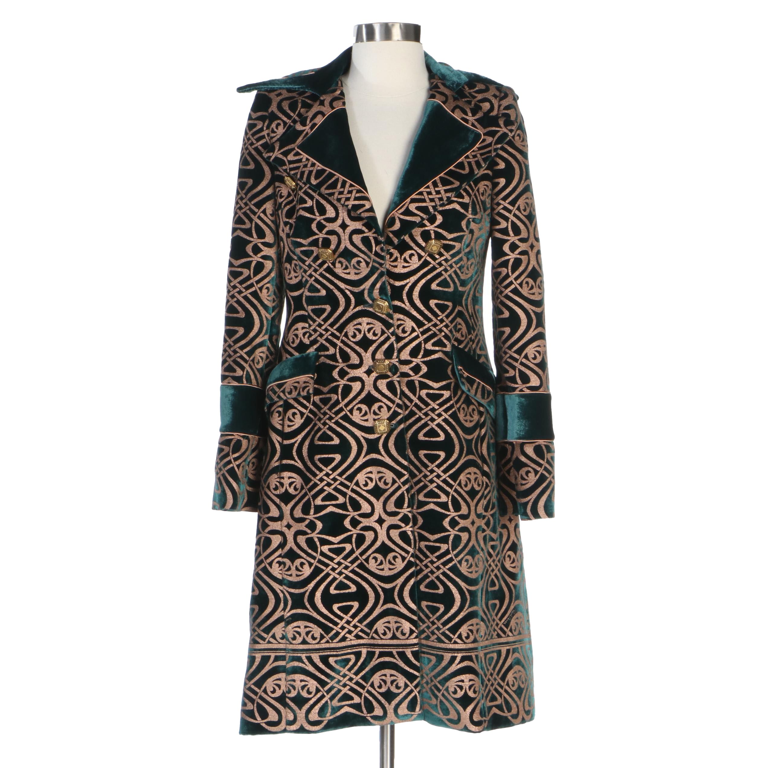 Roberto Cavalli Brocade Style Green Velour Semi-Fitted Coat