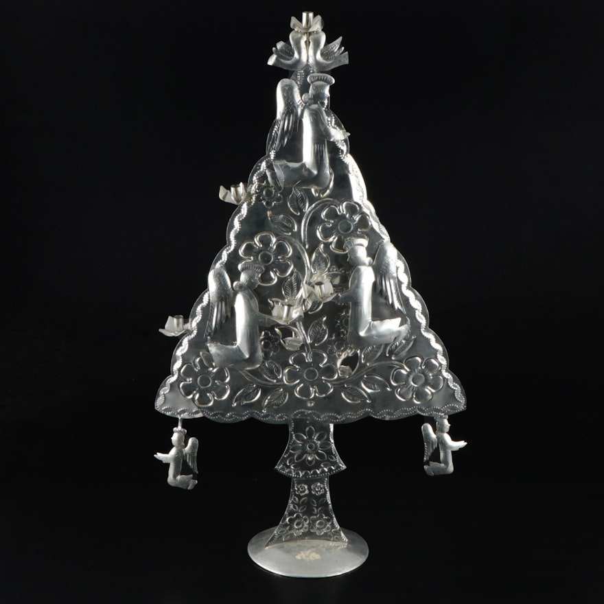 Mexican Folk Art Stamped Metal Christmas Tree Candle Holder