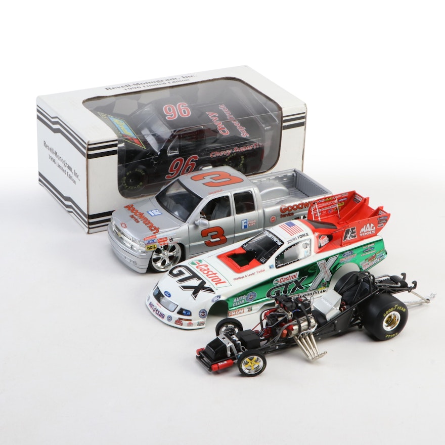 Diecast Chevy Supertruck, NHRA John Force Funny Car and Dale Sr. GM Truck