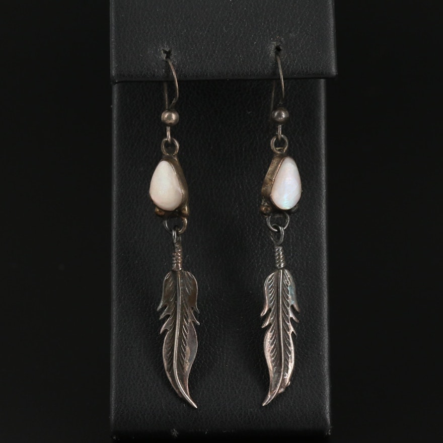 Southwestern Sterling Silver Mother of Pearl Feather Drop Earrings