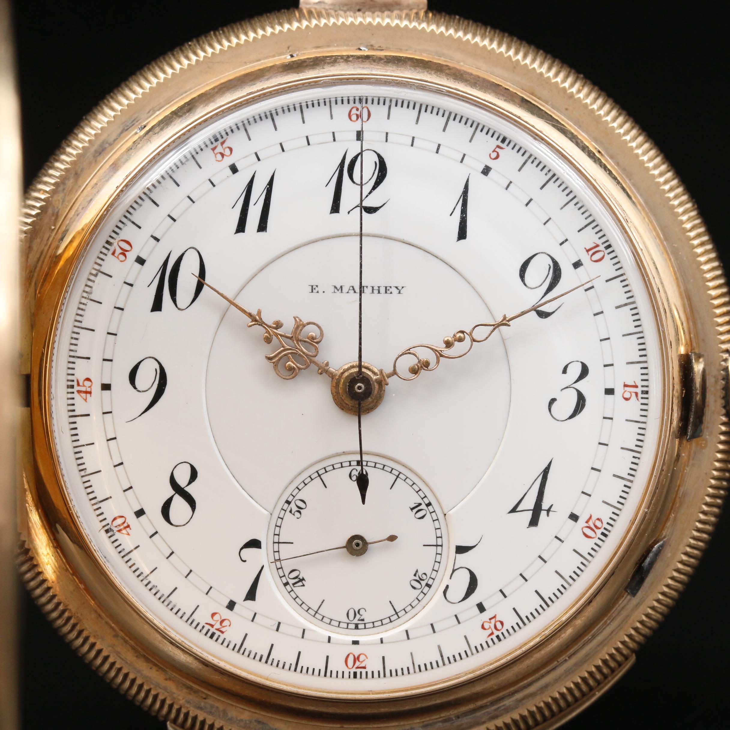 14K E. Mathey "Minute Repeater" Chronograph Pocket Watch, Circa 1890
