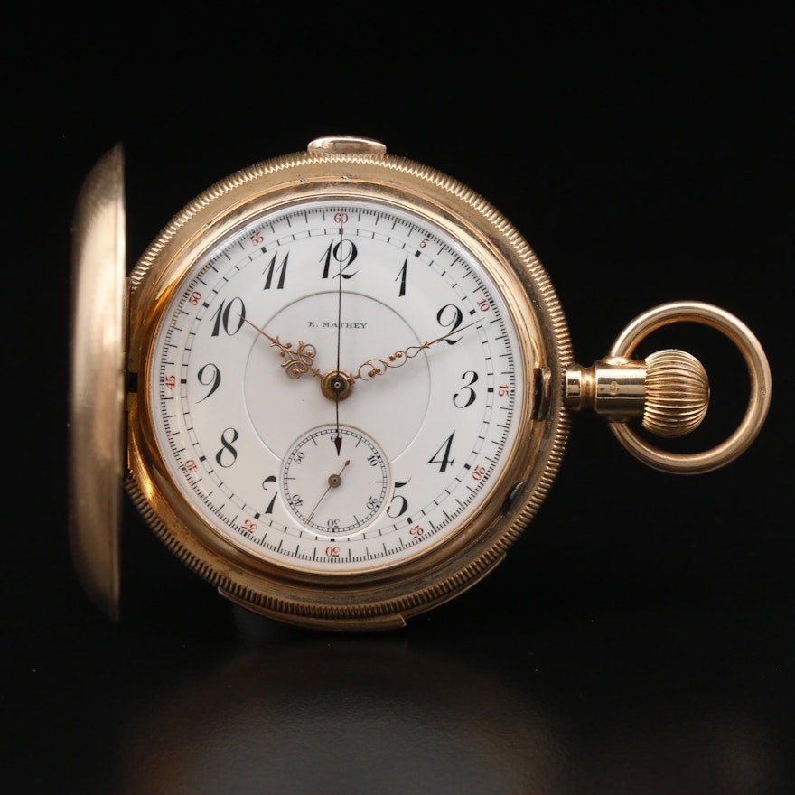 14K E. Mathey "Minute Repeater" Chronograph Pocket Watch, Circa 1890