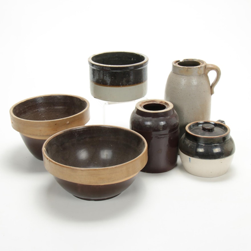 Salt and Brown Dip Glazed Stoneware Crocks, Jugs, Bowls, Late 19th/Early 20th C