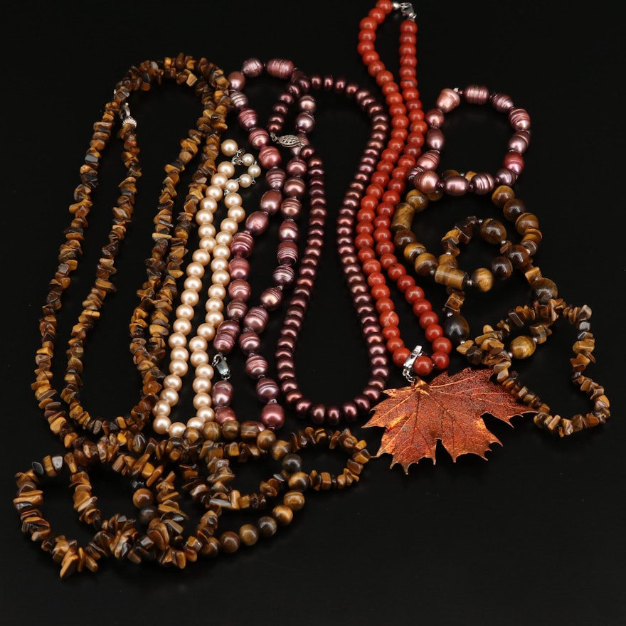 Necklaces and Bracelets Featuring Tiger's Eye, Red Jasper, Sterling and Pearls