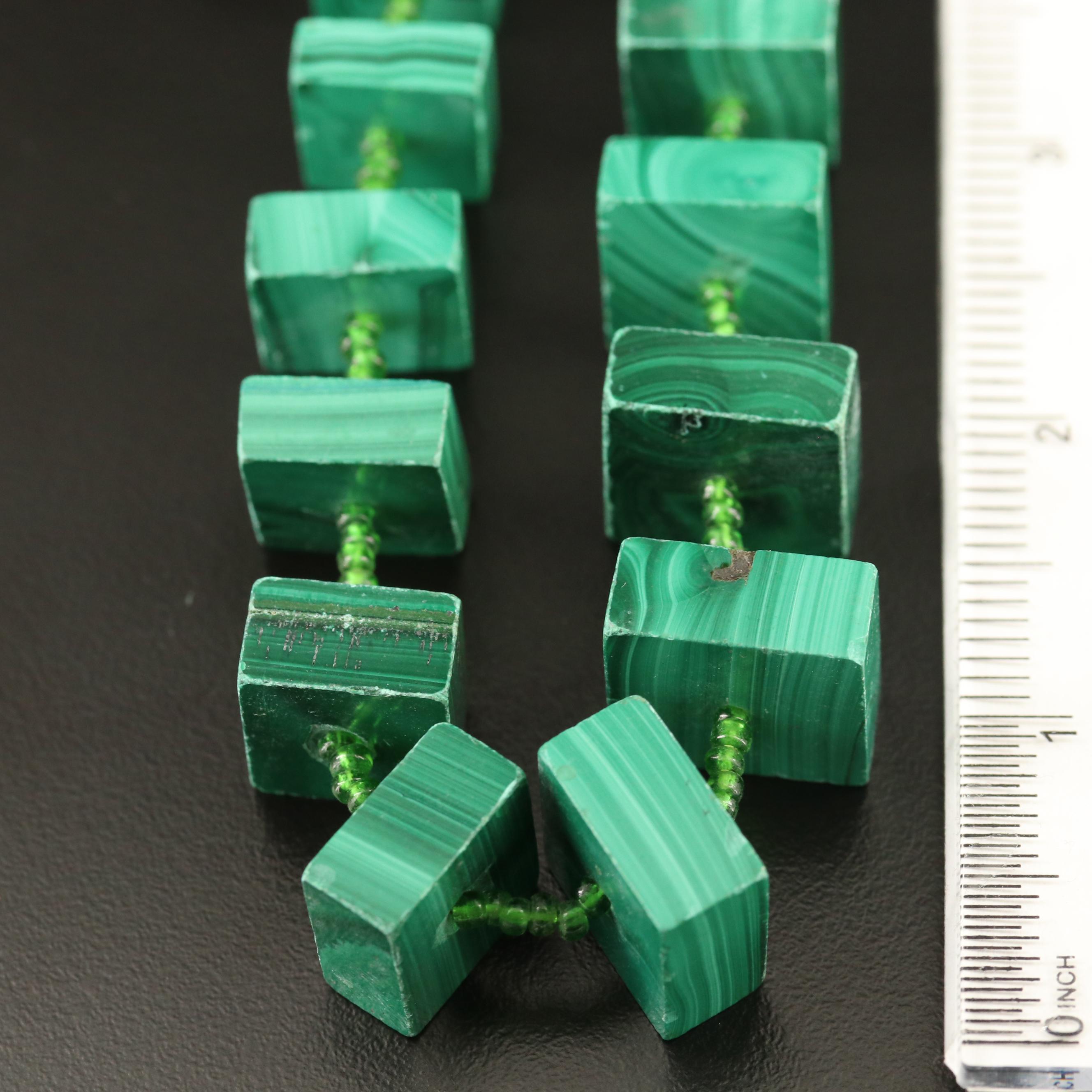 Endless Graduated Malachite and Green Glass Necklace