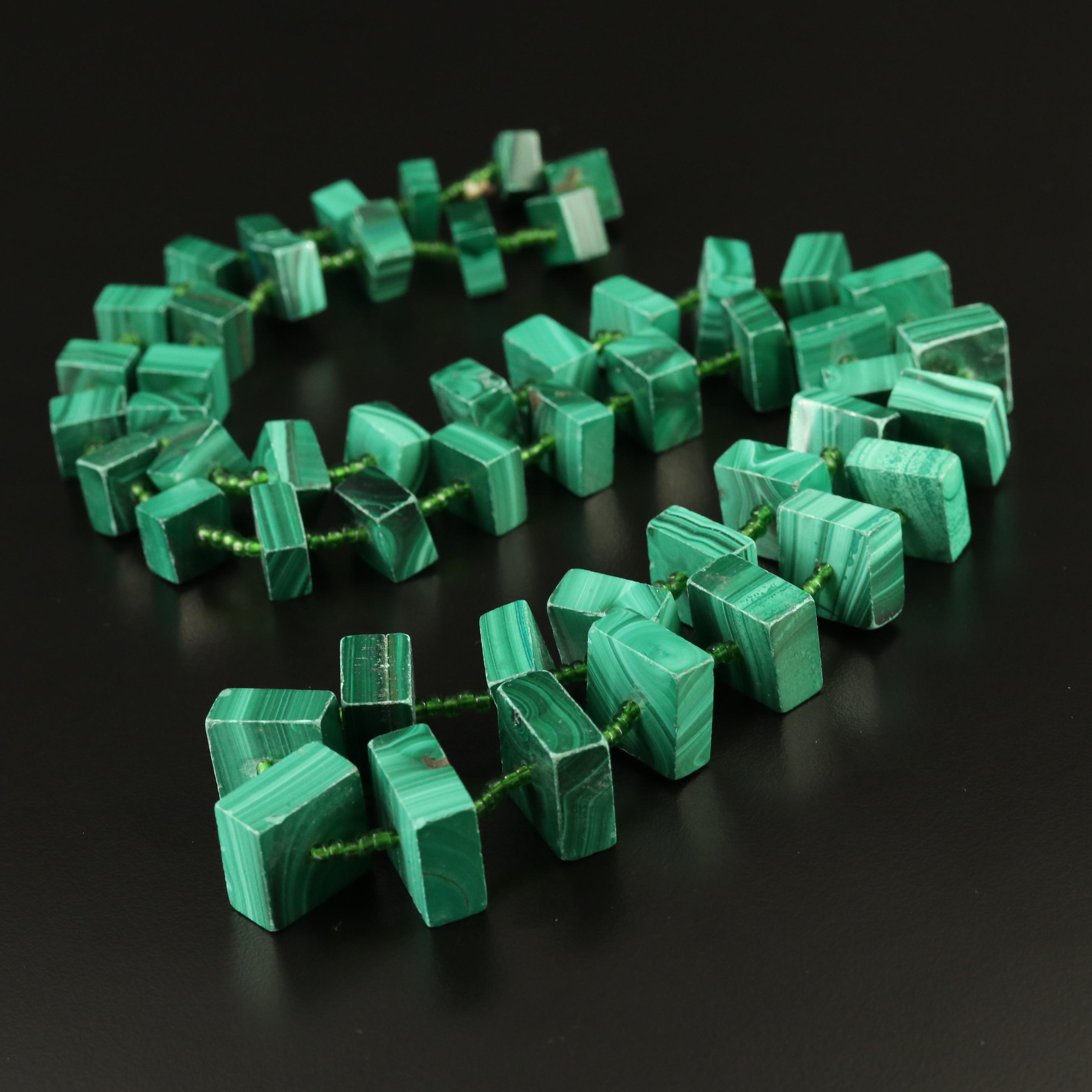 Endless Graduated Malachite and Green Glass Necklace