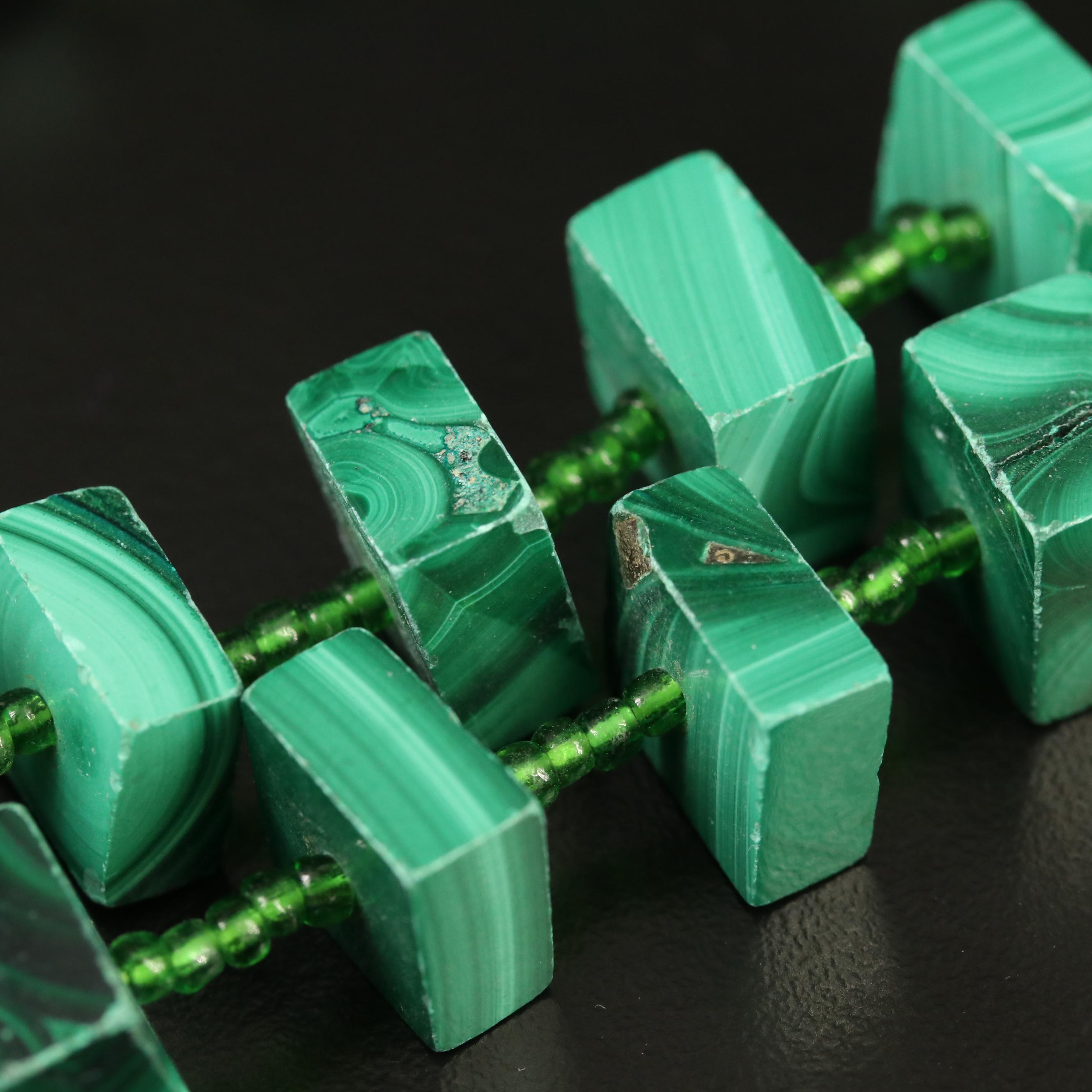 Endless Graduated Malachite and Green Glass Necklace