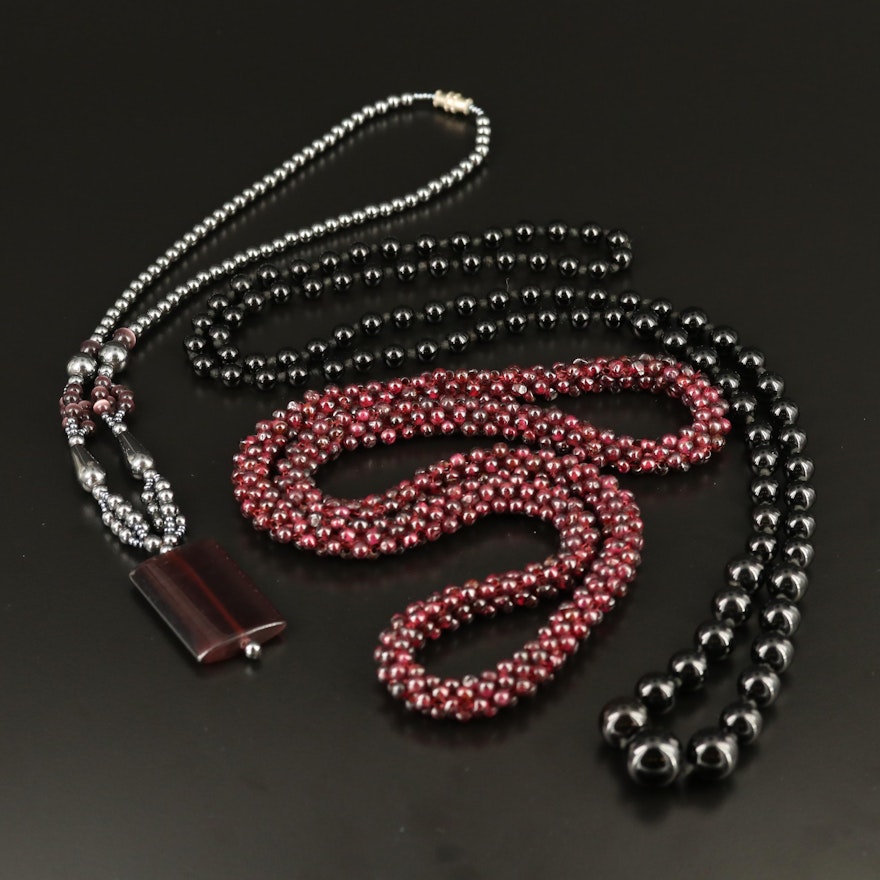 Beaded Necklaces Featuring Garnet, Black Onyx and Hematite