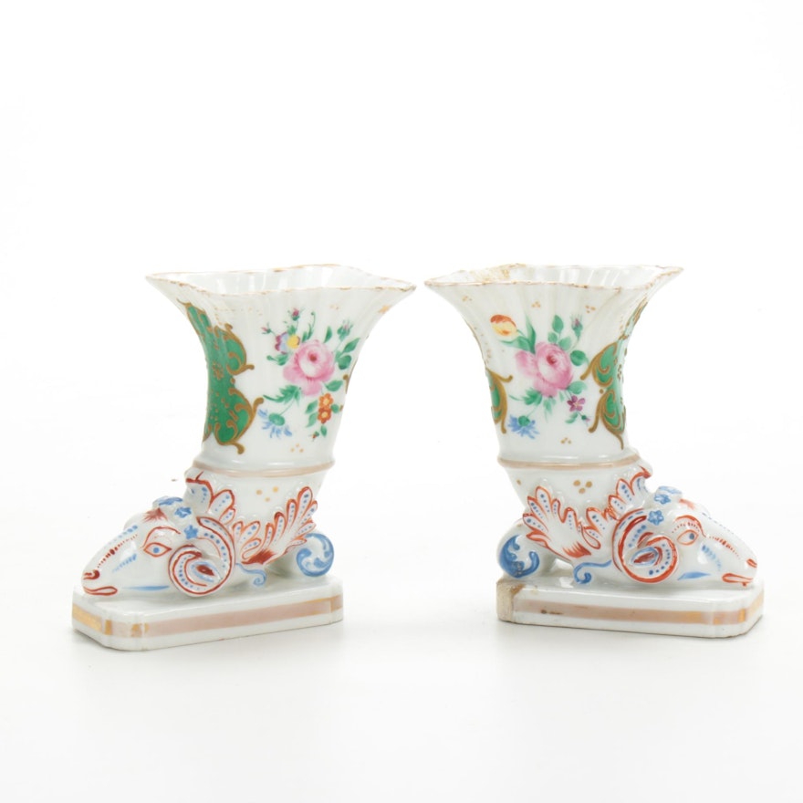 Pair of Rockingham England Porcelain Ram's Head Vases, Mid 19th-Century