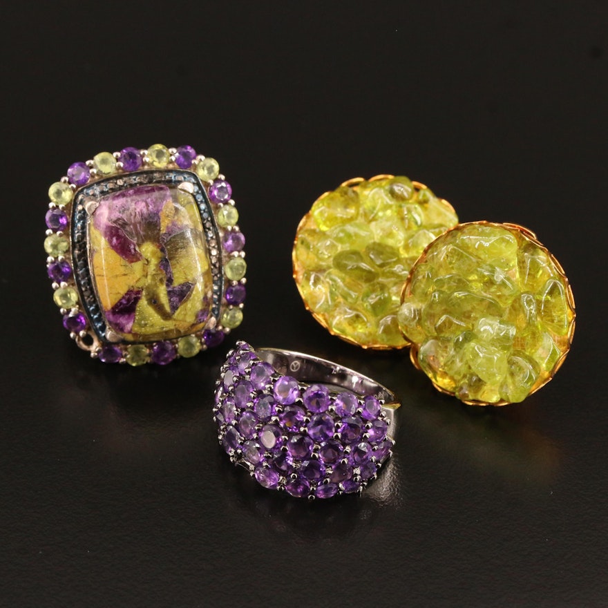 Sterling Silver Rings and Earrings Featuring Peridot, Amethyst and Atlantasite