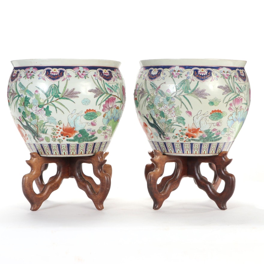 Chinese Ceramic Goldfish Bowl Planters with Stands