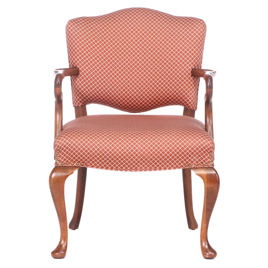 Queen Anne Style Upholstered Mahogany Armchair, 20th Century