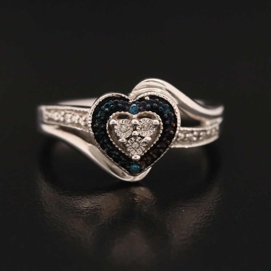 Sterling Diamond and Blue Diamond Heart Ring