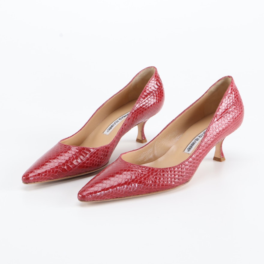 Manolo Blahnik Fodera Rose Snakeskin Pumps