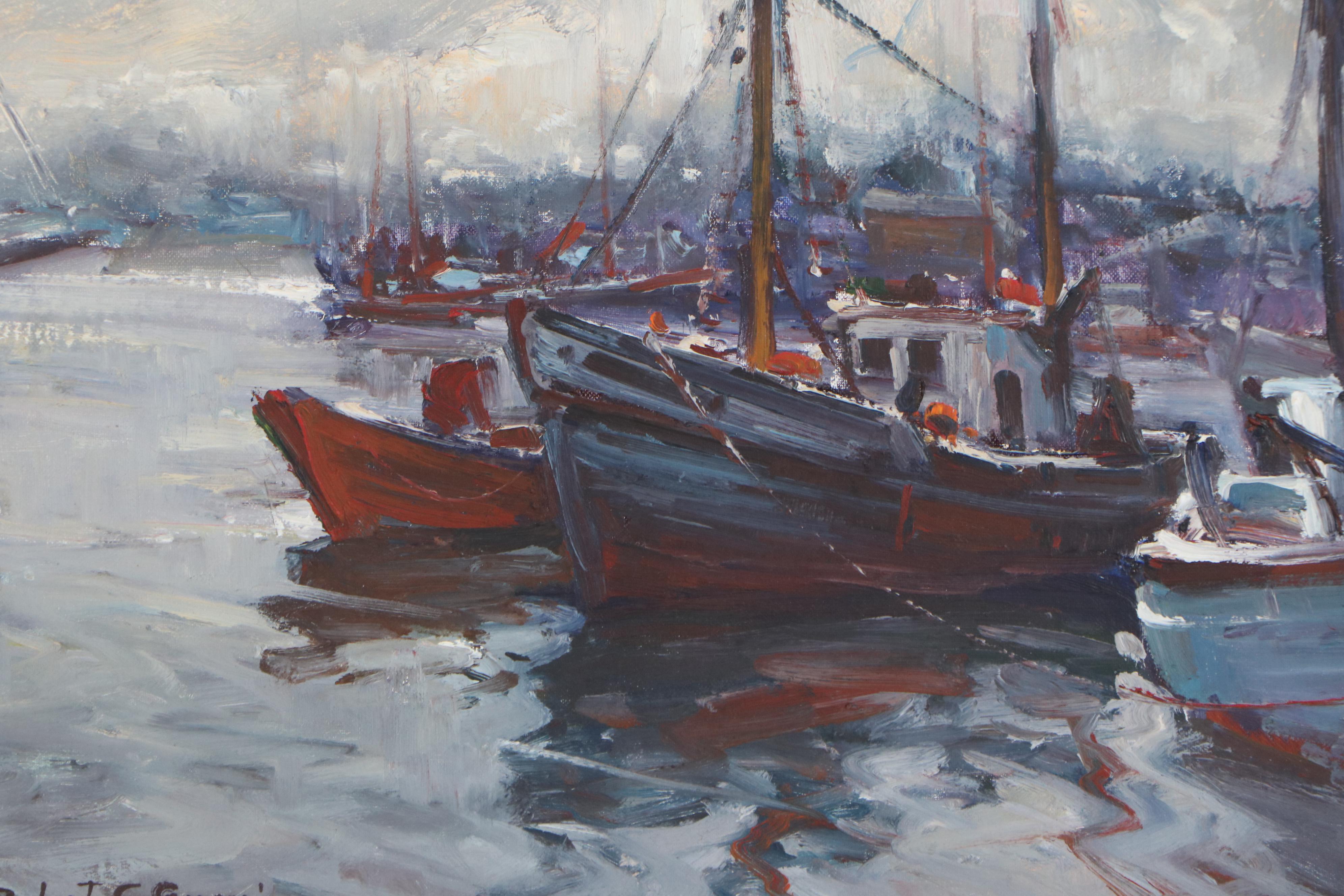 Robert C. Gruppé Harbor Scene Oil Painting