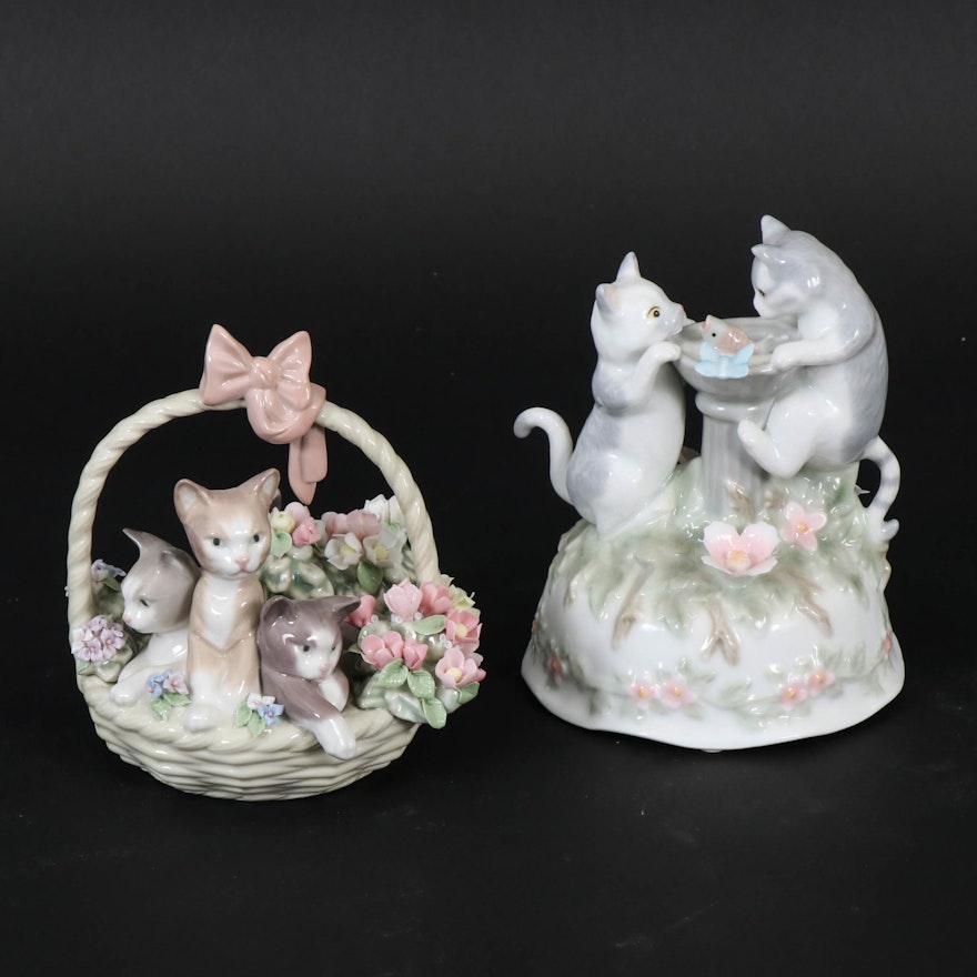 Lladró "Purr-fect" Porcelain Figurine with Seymour Mann Rotating Music Figurine