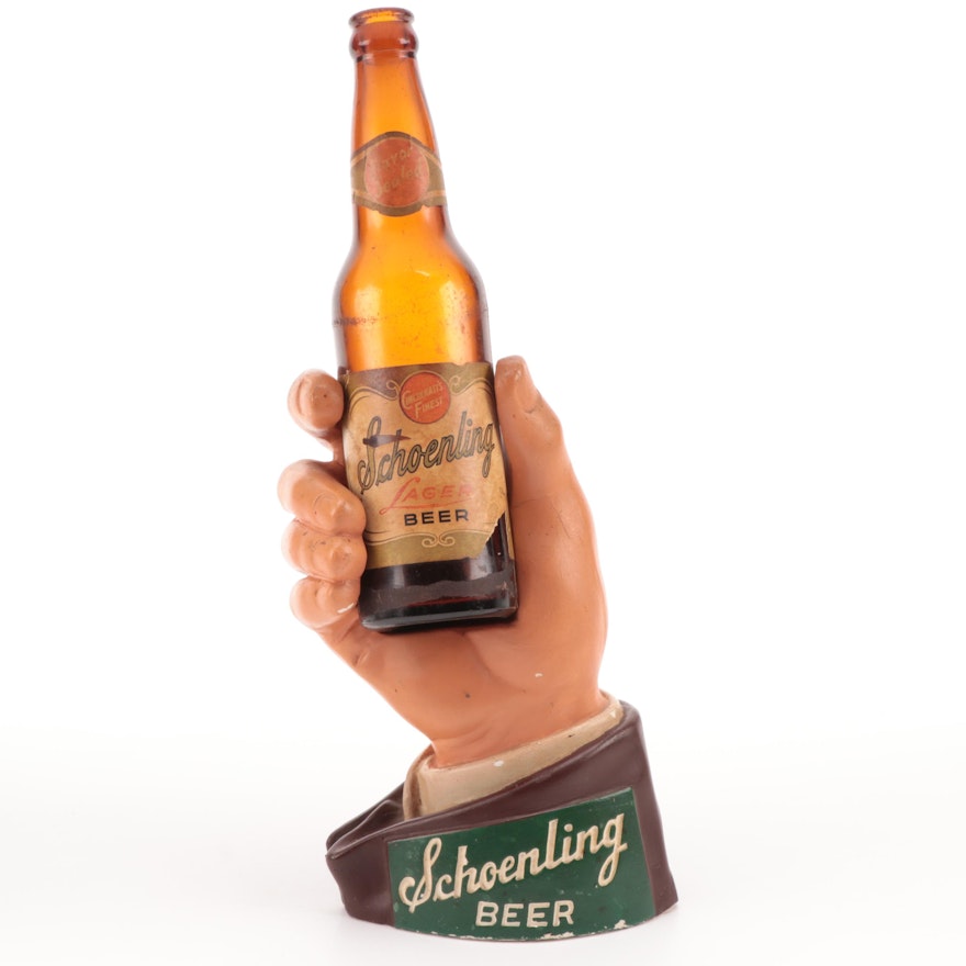 Schoenling Beer Chalkware Hand with Bottle Back Bar Display, 1940s