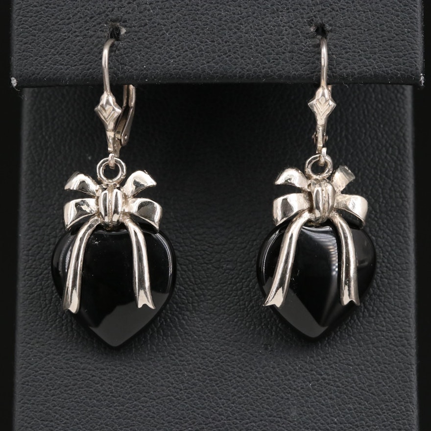 Sterling Silver Black Onyx Heart and Bow Motif Earrings